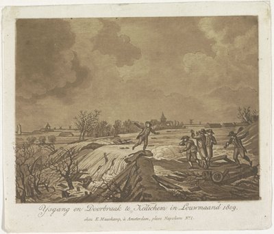 Przełamanie grobli w Kedichem, 1809 Ysgang i Doorbraak te Kedichem w Louwmaand 1809 (tytuł na obiekcie) autorstwa Anonymous