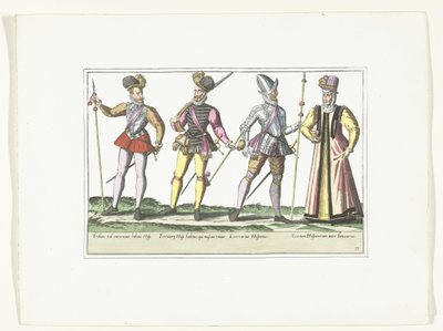 Trzech hiszpańskich żołnierzy w mundurach i handlarz, ok. 1580 Kostiumy wojskowe Espagnols (tytuł na obiekcie) autorstwa Anonymous