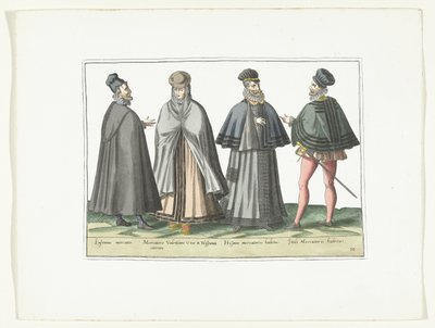 Trzej mężczyźni i kobieta ubrani w obcą modę, ok. 1580 Modes étrangeres (tytuł na obiekcie) autorstwa Anonymous