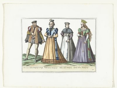 Mężczyzna i trzy kobiety przebrane w niemiecką modę w Gdańsku, ok. 1580 Kostiumy Allemands (tytuł na obiekcie) autorstwa Anonymous