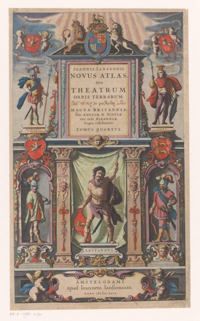 Fasada z personifikacjami pięciu grup ludności Strona tytułowa dla: Johannes Janssonius, Novus atlas, Sive theatrum (...) Tomus quartus, 1646 autorstwa Anonymous