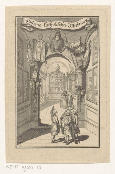 Figury w galerii spotkały się z portretem w obiektach liturgicznych Galeria nadużyć katolickich (tytuł na obiekcie) Okładka do: Joseph Richter, Galeria Obrazów Katolickich Przemocy, 1784 autorstwa Anonymous