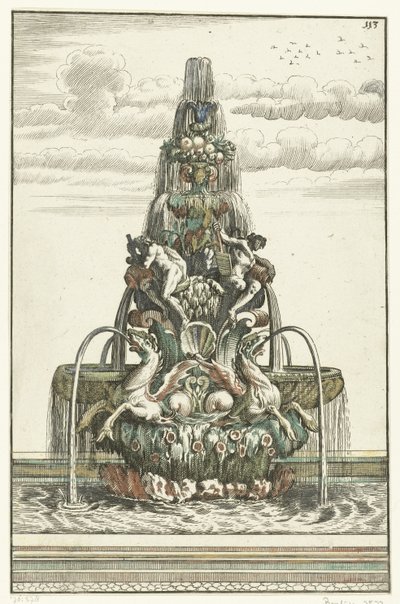 Fontanna w kształcie piramidy Architectura Curiosa Nova (tytuł serii) autorstwa Anonymous
