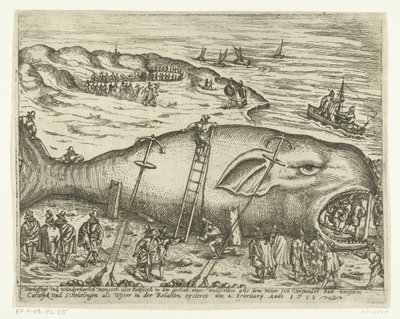 Stranded Walvis niedaleko Berckhey, 1598 Warhafttigh And Wonderful Monster lub Pottfisch w postaci wieloryba, z którego Möer zamulił się między Catwyck i Schevelingen jako Wyter w relacji ercleret 4 lutego Anno 1598 (tit. autorstwa Anonymous