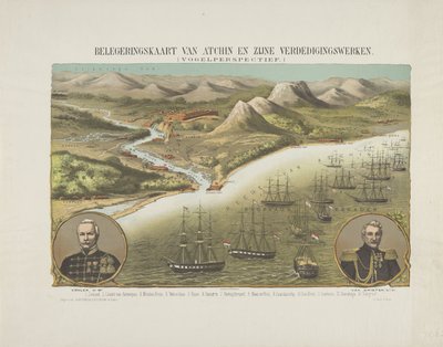 Widok Acehu podczas Drugiej Ekspedycji Aceh, 1873-1874 Mapa oblężenia Atchina i jego sił obronnych. (Widok z lotu ptaka.) (tytuł na obiekcie) autorstwa Anonymous