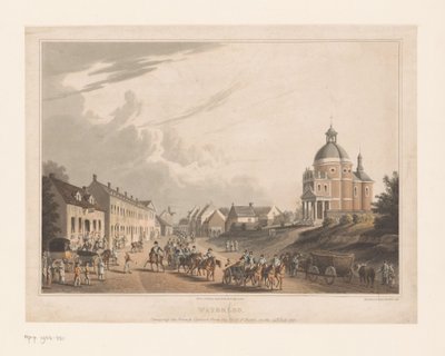 Widok na Waterloo, gdzie wojska francuskie poruszają armatą waterloo. Przeniesienie francuskiej armaty z pola bitwy, 24 lipca 1815 r. (tytuł na obiekcie) autorstwa Anonymous