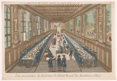 Widok na jadalnię Hôtel des Invalides w Paryżu z grupą jedzącą posiłek Vue perspective du refectoire de l