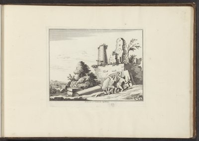 Widok ruin grobowca Horatii i Curatii w Rzymie Horatiorum et Curatiorum Sepulchrum (tytuł na obiekcie) Pałace i zabytki w Wenecji, Livorno, Neapolu i Rzymie (tytuł serii) autorstwa Anonymous