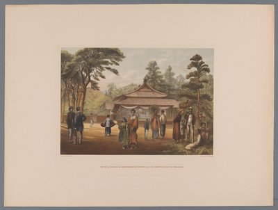 Gezicht op het huis van de burgemeester van Mogi Widok domu Bourcuemaitre de Moci nad brzegiem Zatoki Sima-Bara (tytuł na obiekcie) Pamiątka Japonii widoki z natury z tekstem hrabiego de Lijnden (tytuł serii na obiekcie) autorstwa Anonymous