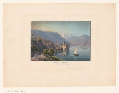 Widok na zamek Chillon Kasteel Châteay de Chillon vers la dent du midi (tytuł obiektu) autorstwa Anonymous