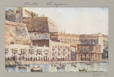 Widok na wybrzeże Malty z pomostem i budynkiem celnym Malta. Dom celny i miejsce lądowania (tytuł na obiekcie) autorstwa Anonymous