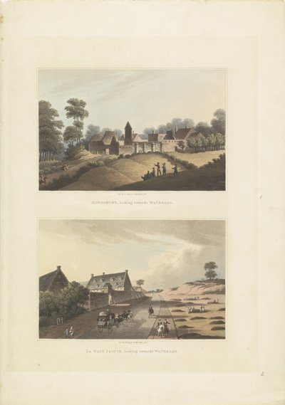 Hougoumont en La Haye-Sainte Hougomont, patrząc w kierunku Waterloo / La Haye Sainte, patrząc w kierunku Waterloo (tytuł na obiekcie) autorstwa Anonymous