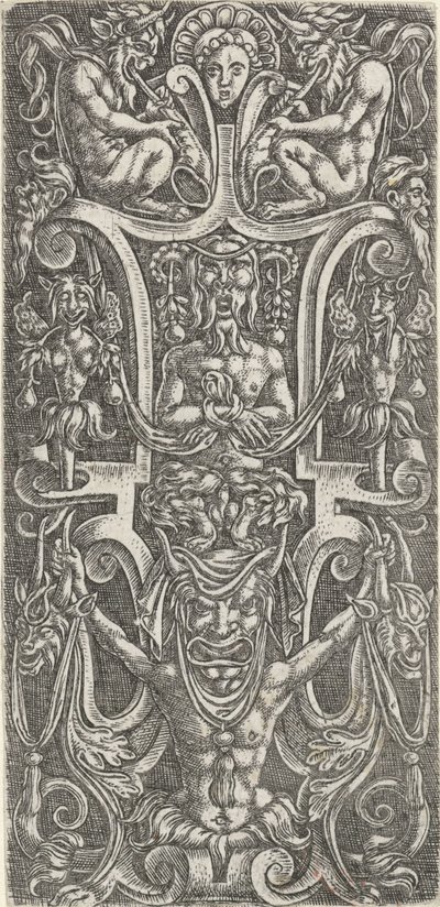 W środku satyr na mężczyźnie z dużą maską Dekoracje powierzchniowe z groteskami w scrollworku (tytuł serii) autorstwa Anonymous