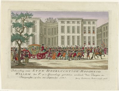 Wyprzedzanie księcia Orańskiego, 1787 Wyprzedzanie Zyne Serene Highness Willem den V. rysowany w Hadze przez Burgers i Burgeressen, 20 września 1787 (tytuł na obiekcie) Kolorowe niemieckie druki o wydarzeniach z autorstwa Anonymous