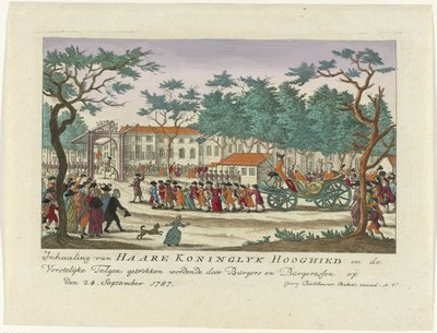 Wyprzedzanie Księżnej Orańskiej i Dzieci, 1787 Wyprzedzanie Haare Koninglyk Hooghied and the Royal Scions, narysowane przez Burgers i Burgeressen w dniu 24 września 1787 (tytuł na obiekcie) Kolorowe niemieckie druki o wydarzeniu autorstwa Anonymous