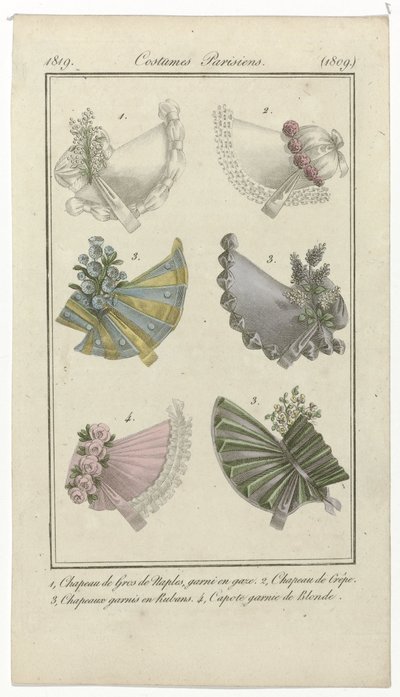 Journal des Dames et des Modes, Costumes Parisiens, 15 kwietnia 1819, (1809): 1, Gros de Naples Hat (...) autorstwa Anonymous