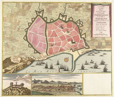 Kaart van Barcelona, ​​ca. 1706 Prawdziwy i dokładny plan wszystkich starych i nowych fortyfikacji miasta Barcelona, ​​stolicy prowincji Katalonii (tytuł na obiekcie) autorstwa Anonymous