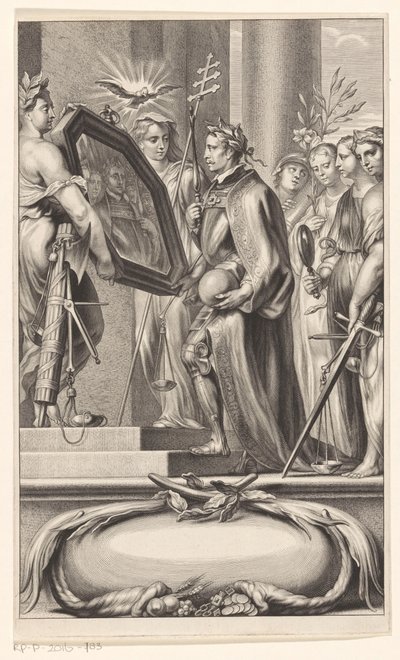 Sprawiedliwość i Wiara trzymają króla w lustrze Strona tytułowa dla: Petrus Belluga i Camillo Borello, Speculum principum, 1655 autorstwa Anonymous