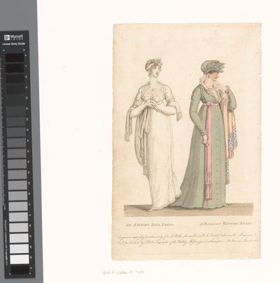 La Belle Assemblée, 1 marca 1807, nr 14: wieczorowa suknia balowa / paryska suknia zimowa autorstwa Anonymous