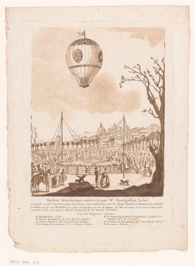 Luchtballon, Le Flezel, van Joseph-Michael Montgolfier Starszy buiten Lyon Maszyna aerostatyczna zbudowana przez pana Montgolfiera Starszego (tytuł na obiekcie) autorstwa Anonymous