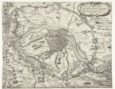 Maastricht zajęte przez Frederika Hendrika, 1632 Maestricht oblegany przez Fridericha Henricha Printzen von Orangien (...) dnia 9 czerwca 1632 r. Wzięty z Accortem 12 sierpnia 1632 r. (tytuł na obiekcie) autorstwa Anonymous
