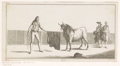 Matador rzuca wyzwanie bykowi Coleccion de las principales suertes de una corrida de toros (tytuł serii na obiekcie) Zbiór najważniejszych manewrów walki byków (tytuł serii) autorstwa Anonymous