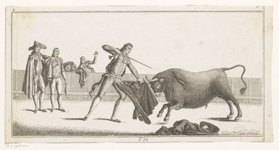 Matador rzuca wyzwanie bykowi Coleccion de las principales suertes de una corrida de toros (tytuł serii na obiekcie) Zbiór najważniejszych manewrów walki byków (tytuł serii) autorstwa Anonymous