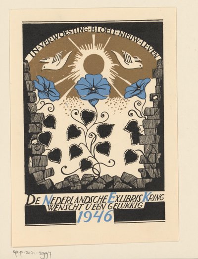 Życzenie noworoczne na rok 1946 od Holenderskiego Koła Ekslibrisów autorstwa Anonymous