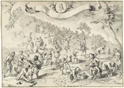 Rysunek projektowy do druku Chciwość próbuje wyprzedzić Fortunę, 1720 Wielka scena szaleństwa (tytuł serii) autorstwa Anonymous