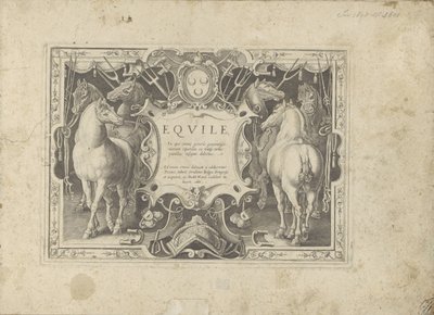 Ornamenteel kartusz z tytułem geflankeerd door paarden Koń, w którym wszystkie rodzaje szlachty: wybrane zachowania koni wyróżnionych z różnych stron świata (...) (tytuł serii na obiekcie) autorstwa Anonymous