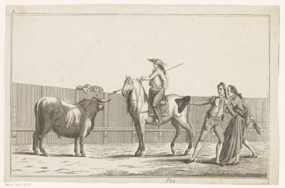 Picador celuje lancą w byka Coleccion de las principales suertes de una corrida de toros (tytuł serii na obiekcie) Zbiór najważniejszych manewrów walki byków (tytuł serii) autorstwa Anonymous