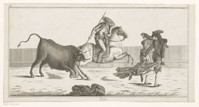 Picador wbija lancę w byka Coleccion de las principales suertes de una corrida de toros (tytuł serii na obiekcie) Zbiór najważniejszych manewrów walki byków (tytuł serii) autorstwa Anonymous