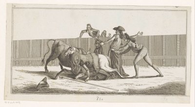 Picador spadł z konia Coleccion de las principales suertes de una corrida de toros (tytuł serii na obiekcie) Zbiór najważniejszych manewrów walki byków (tytuł serii) autorstwa Anonymous