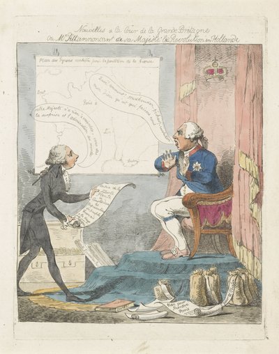 Pitt brengt George III het new over de revolutie w Holandii, 1795 Wiadomości na dworze Wielkiej Brytanii lub pan Pitt ogłaszający Jego Królewskiej Mości Rewolucję w Holandii (tytuł na obiekcie) autorstwa Anonymous