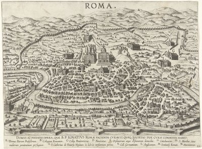 Mapa Rzymu przedstawiająca fundamenty Ignacego Loyoli Vita beati patris Ignatii Loyolae (tytuł serii) Sceny z życia Ignacego Loyoli (tytuł serii) autorstwa Anonymous