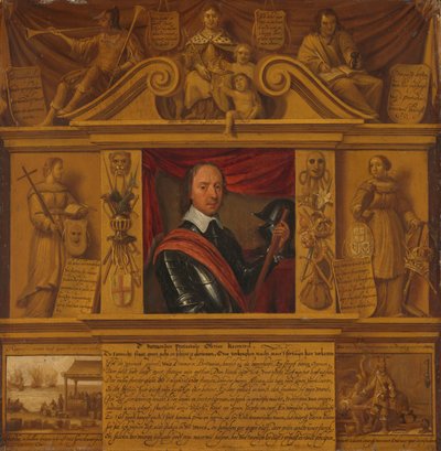 Portret Olivera Cromwella, w ramce z alegorycznymi postaciami i przedstawieniami historycznymi autorstwa Anonymous