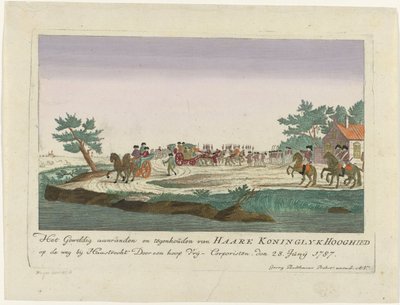 Księżniczka Orańska odbyła się w Goejanverwellesluis, 1787 Wielki atak i zatrzymanie Haare Koninglyk Hooghied na drodze w pobliżu Haastrechtu Przez wielu Vrij-Corporisten. 28. Czerwiec 1787 (tytuł na obiekcie) Kolorowe druki niemieckie o d autorstwa Anonymous