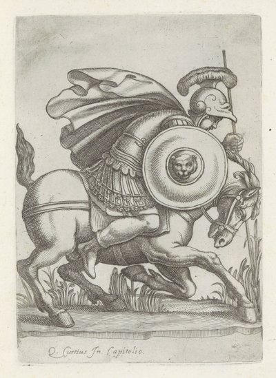 Reliëf spotkał się z de daad van Marcus Curtius Rzeźby antyczne w Rzymie (tytuł serii) Ikony starożytnych posągów miasta Rzymu, które można zobaczyć w miejscach publicznych (tytuł serii) autorstwa Anonymous