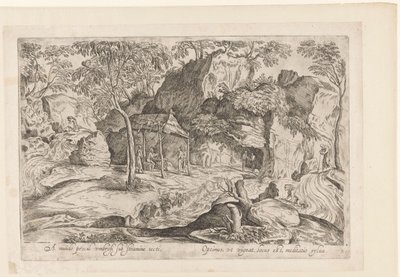 Rotsachtig landschap met dak op palen en rechts leeuw Daleko od świata, osłonięty strzechą, Landschappen naar Domenico Campagnola (tytuł serii) autorstwa Anonymous