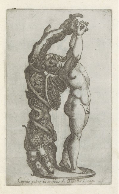 Sculptuur van Amor die druiven plukt Cupido puber w domu Io Baptista Lugari (tytuł na obiekcie) Rzeźby antyczne w Rzymie (tytuł serii) Ikony starożytnych posągów miasta Rzymu, które można zobaczyć w miejscach publicznych (tytuł serii) autorstwa Anonymous