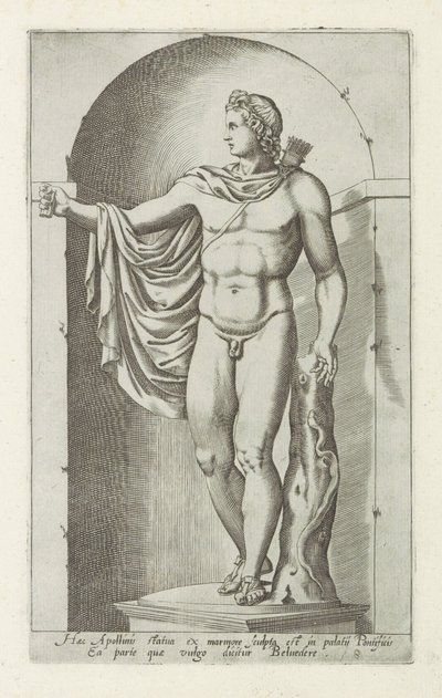 Rzeźba Apolla Apollo Belvedere Ten posąg Apollina został wyrzeźbiony z marmuru w pałacu papieskim (...) (tytuł na obiekcie) Rzeźby antyczne w Rzymie (tytuł serii) Ikony starożytnych posągów miasta Rzymu, które można zobaczyć w miejscach publicznych (seria  autorstwa Anonymous