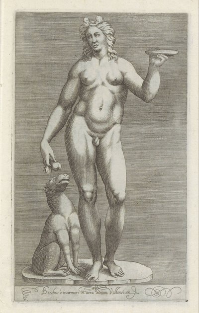 Sculptuur van Bacchus en een hond Bachus i marmur na terenie pałacu Vallens (tytuł na obiekcie) Rzeźby antyczne w Rzymie (tytuł serii) Ikony starożytnych posągów miasta Rzymu, które można zobaczyć w miejscach publicznych (tytuł serii) autorstwa Anonymous