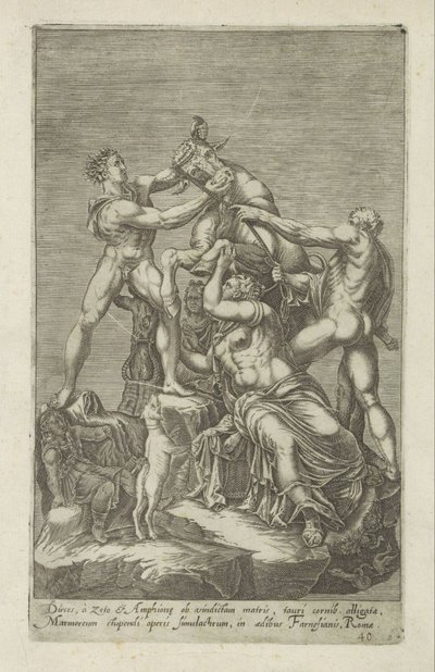 Sculptuur van Dirce die aan een stier wordt gebonden Farnese Stier Dirces, do Zeto i Amphiona za zemstę matki (...) (tytuł na obiekcie) Rzeźby antyczne w Rzymie (tytuł serii) Ikony starożytnych posągów miasta Rzymu, które można zobaczyć w miejscach publicz autorstwa Anonymous