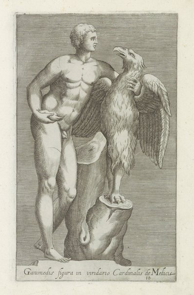 Rzeźba van Jupitera als adelaar spotkał Ganimedesa Figura Ganimedesa w zielonym ogrodzie kardynała Medyceusza (tytuł na obiekcie) Rzeźby antyczne w Rzymie (tytuł serii) Ikony starożytnych posągów miasta Rzymu, które można zobaczyć w miejscach publicznych ( autorstwa Anonymous