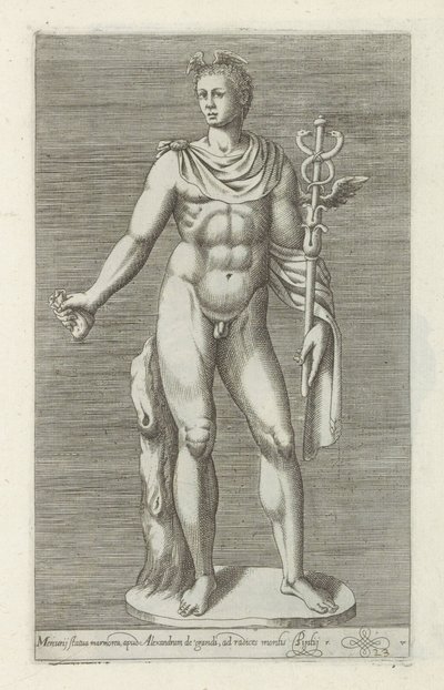Rzeźba van Mercurius Marmurowy posąg Merkurego, u Aleksandra Wielkiego (...) (tytuł na obiekcie) Rzeźby antyczne w Rzymie (tytuł serii) Ikony starożytnych posągów miasta Rzymu, które można zobaczyć w miejscach publicznych (tytuł serii) autorstwa Anonymous