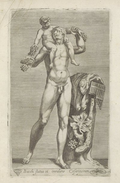 Sculptuur van Silenus met de jonge Bacchus op zijn schouders Posąg Bachusa w ogrodzie Cezarów (tytuł na obiekcie) Rzeźby antyczne w Rzymie (tytuł serii) Ikony starożytnych posągów miasta Rzymu, które można zobaczyć w miejscach publicznych (tytuł serii) autorstwa Anonymous