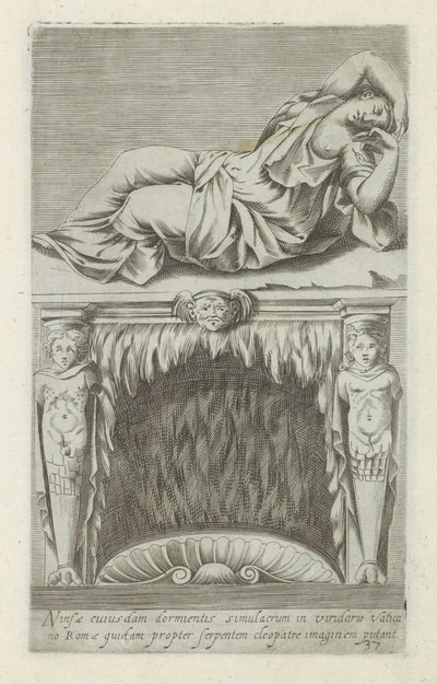 Sculptuur van de sleepende Ariadne boven een schouw Obraz pewnej śpiącej nimfy w watykańskim ogrodzie rzymskim jest przez niektórych uważany za wizerunek Kleopatry ze względu na węża (tytuł na obiekcie) Rzeźby antyczne w Rzymie (tytuł serii) Starożytne pos autorstwa Anonymous