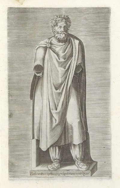 Sculptuur van een gegengen koning Pojmani króla Partorium z czarnego kamienia Rzymu w budynku Cesys (tytuł na obiekcie) Rzeźby antyczne w Rzymie (tytuł serii) Ikony starożytnych posągów miasta Rzymu, które można zobaczyć w miejscach publicznych (tytuł seri autorstwa Anonymous