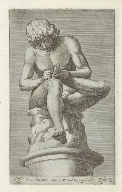 Sculptuur van een jongen met een doorn in de voet Rdzeń kręgowy Brązowe symulakrum Rzymu w stolicy (tytuł na obiekcie) Rzeźby antyczne w Rzymie (tytuł serii) Ikony starożytnych posągów miasta Rzymu, które można zobaczyć w miejscach publicznych (tytuł serii autorstwa Anonymous