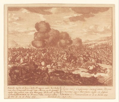 Bitwa między wojskami cesarskimi i hiszpańskimi na Sycylii, czerwiec 1719 Bataille pomiędzy Keyserlijke Troupen pod dowództwem generała Graafa van Mercy, a Hiszpanami pod wodzą markiza de Leede (...) (tytuł na obiekcie) autorstwa Anonymous
